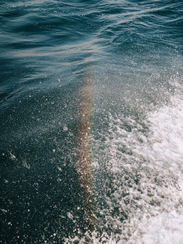 A rainbow is seen in the water from a boat