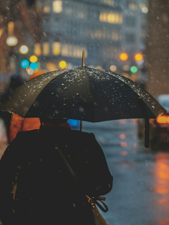 person walking on street and holding umbrella while raining with vehicle nearby